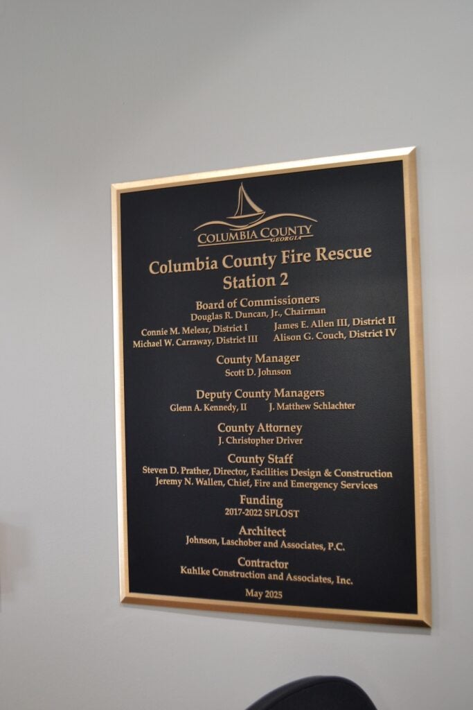 A plaque dedicating the new Fire Station 2 hangs on the wall in the fire station. Staff photo by Stephanie Hill