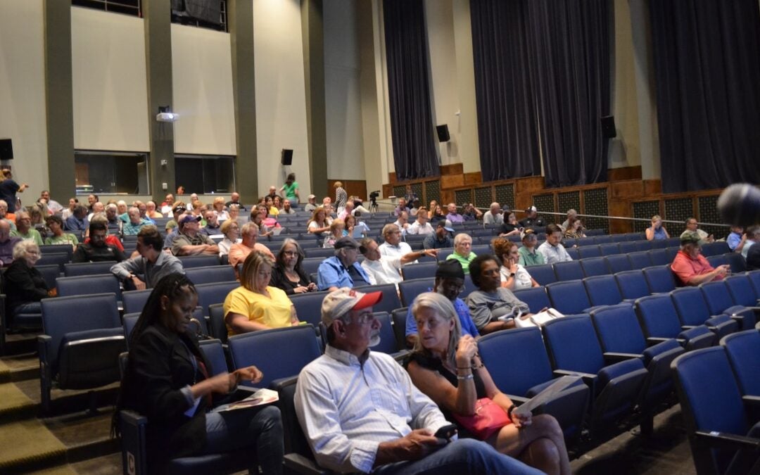 Community members came out to the town hall at the Hardin Auditorium in Evans on Monday. Staff photo by Stephanie Hill