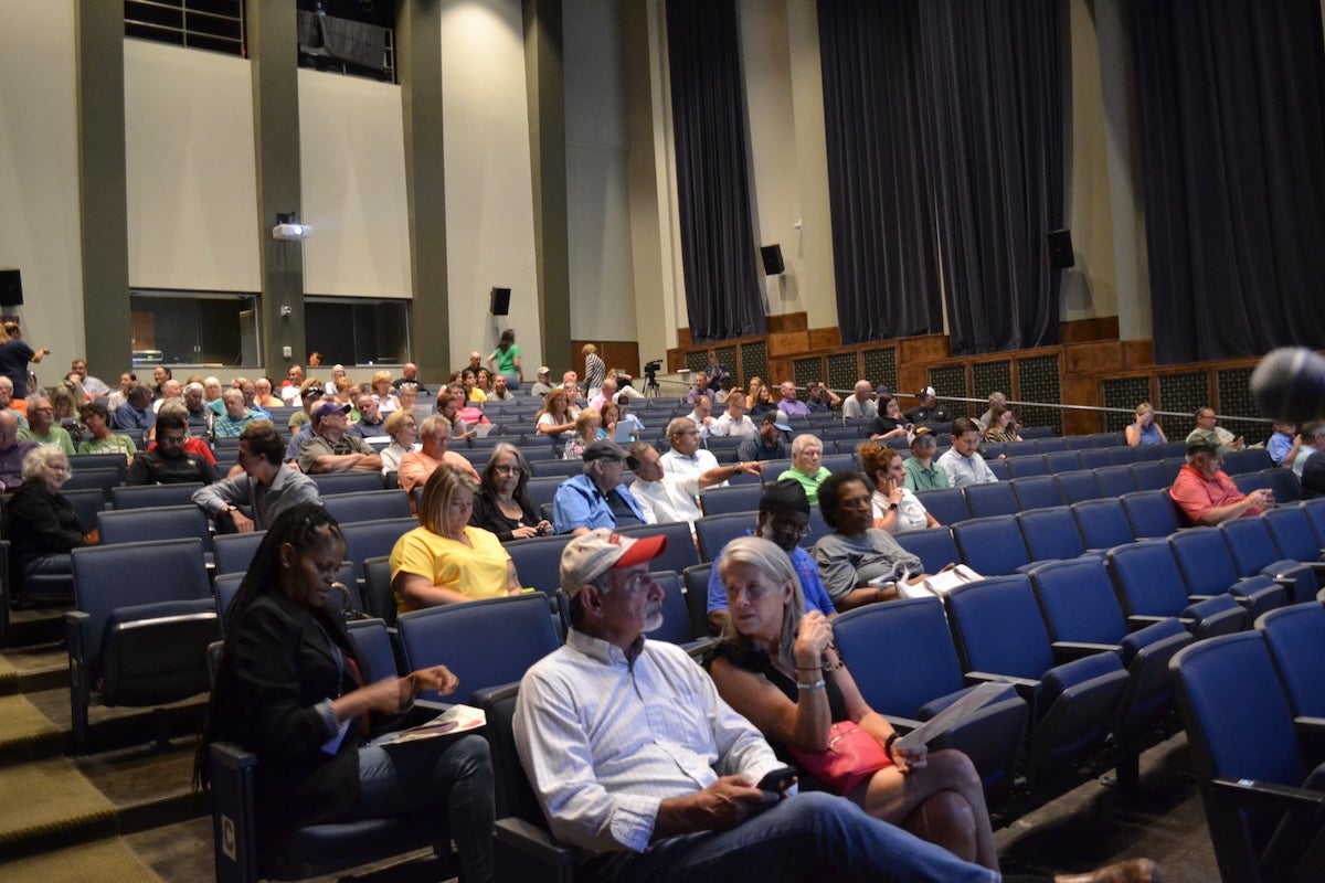 Community members came out to the town hall at the Hardin Auditorium in Evans on Monday. Staff photo by Stephanie Hill