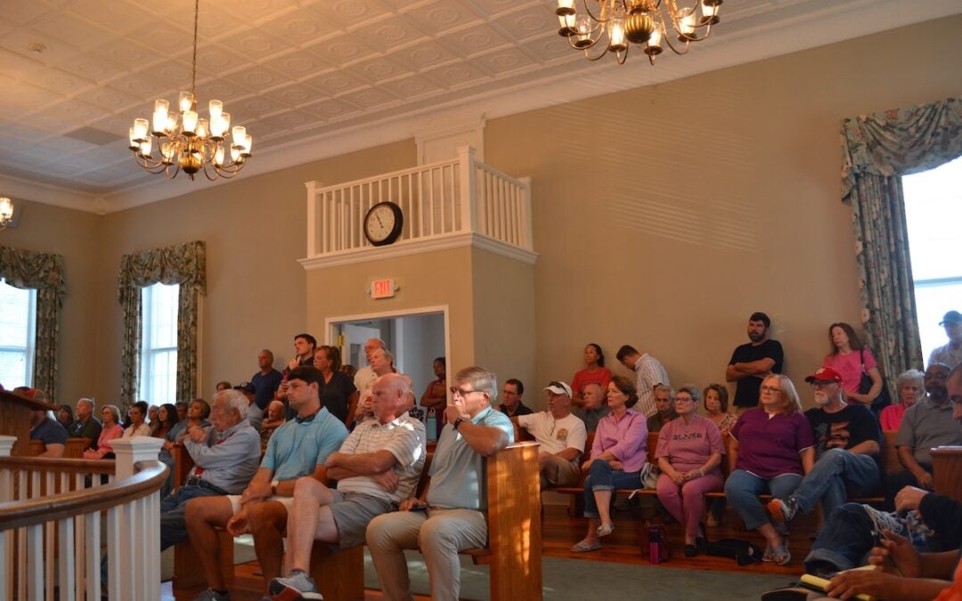 The Appling Courthouse was standing room only on Thursday evening as community members came out for a town hall with Columbia County commissioners Michael Carraway and Alison Couch. The proposed data center dominated the conversation. Staff photo by Stephanie Hill