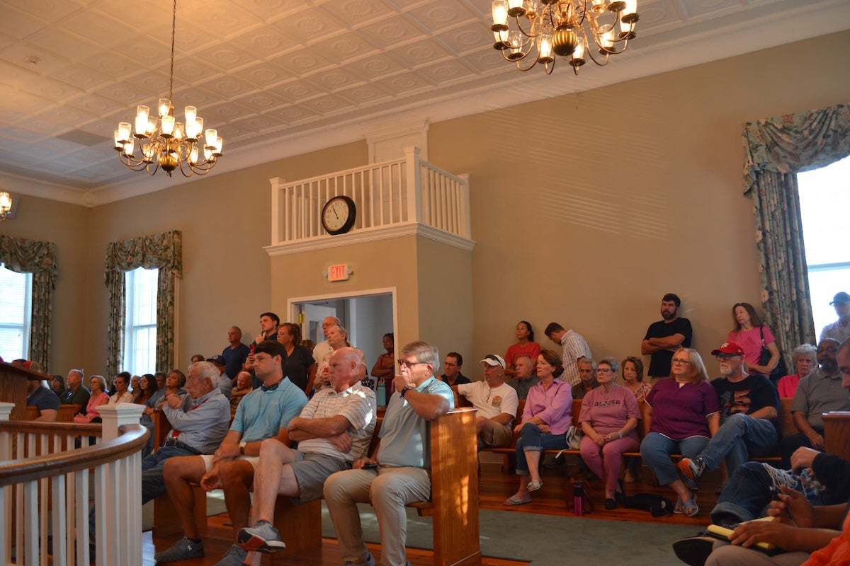 The Appling Courthouse was standing room only on Thursday evening as community members came out for a town hall with Columbia County commissioners Michael Carraway and Alison Couch. The proposed data center dominated the conversation. Staff photo by Stephanie Hill