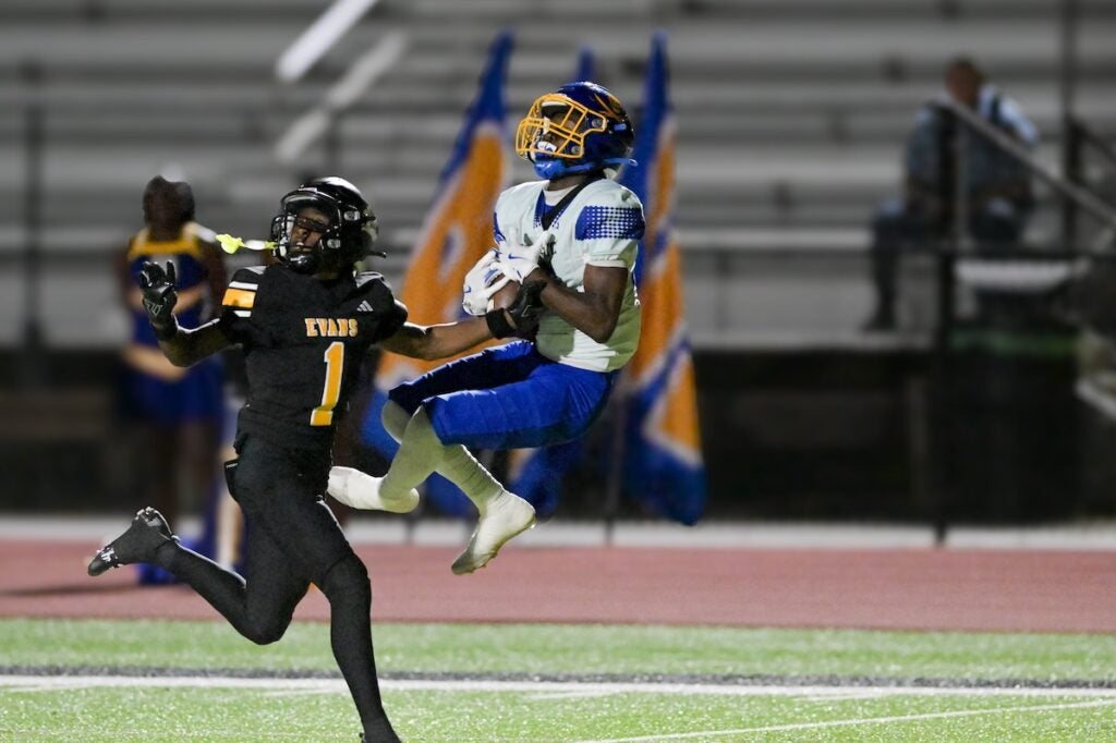 Brunswick receiver Jacob Lewis (13) catches a touchdown pass during a game against Evans in Evans, Ga., Friday, September 12, 2025. (photo by Rob Davis)