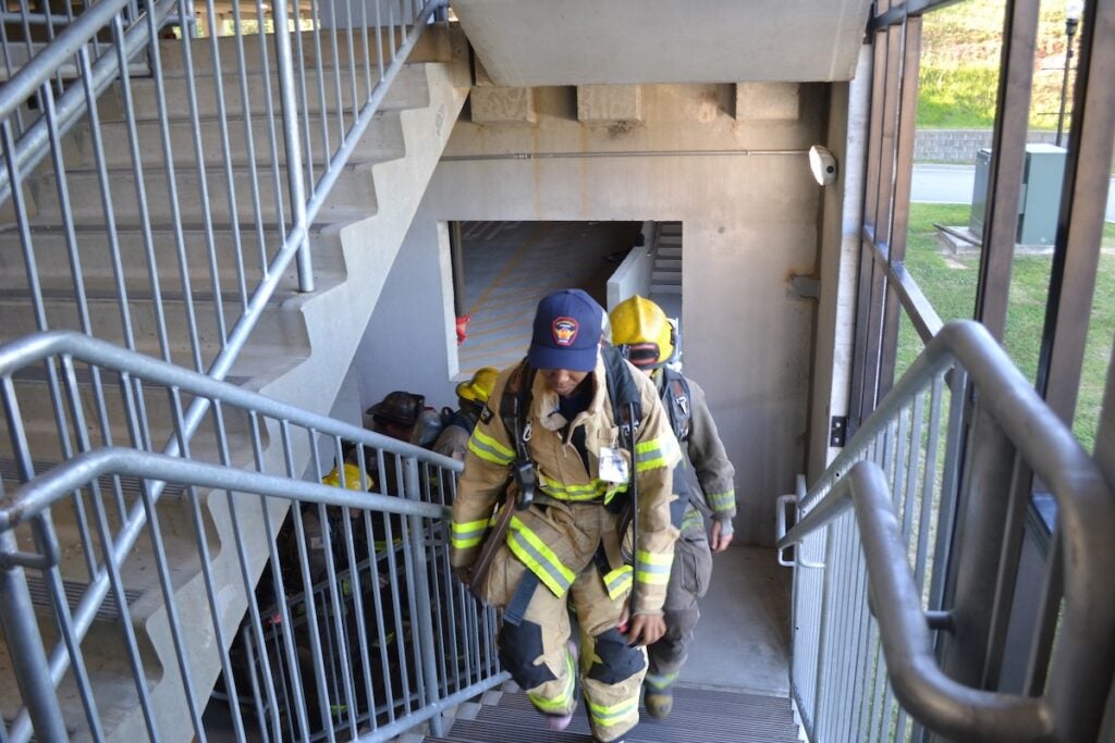 Columbia County Fire Rescue held a stair climb in remembrance of Sept. 11 on Thursday morning. Staff photo by Stephanie Hill