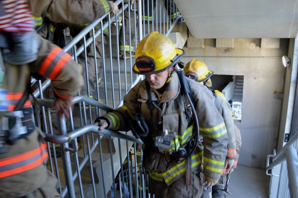 Columbia County Fire Rescue held a stair climb in remembrance of Sept. 11 on Thursday morning. Staff photo by Stephanie Hill
