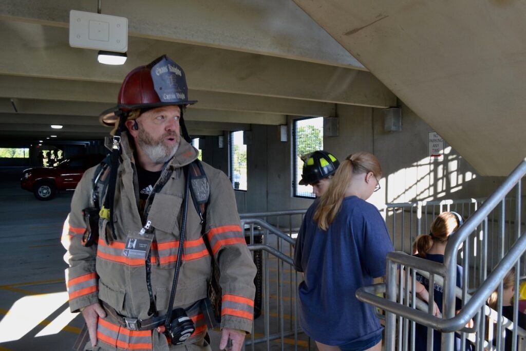 Evans High School students on the firefighter career pathway participated in the stair climb Thursday morning. Staff photo by Stephanie Hill