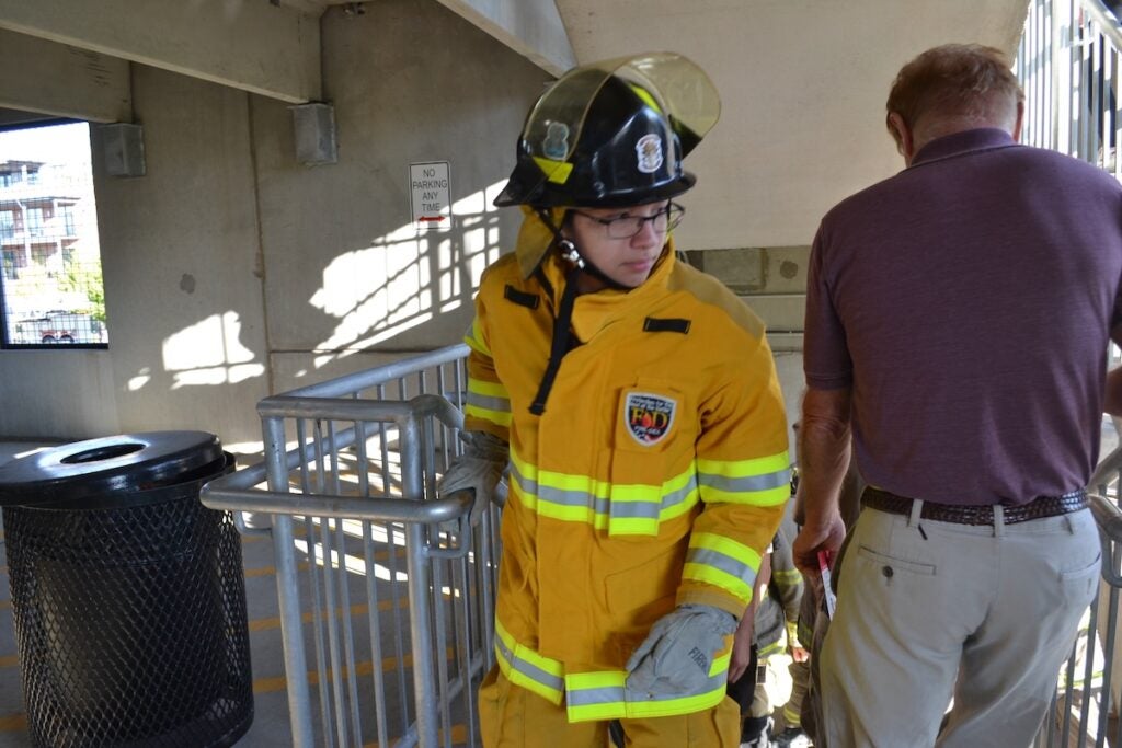Evans High School students on the firefighter career pathway participated in the stair climb Thursday morning. Staff photo by Stephanie Hill