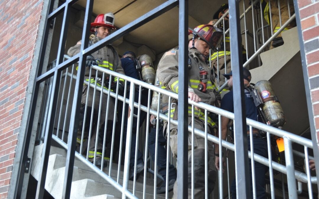 Columbia County Fire Rescue held a stair climb in remembrance of Sept. 11 on Thursday morning. Staff photo by Stephanie Hill