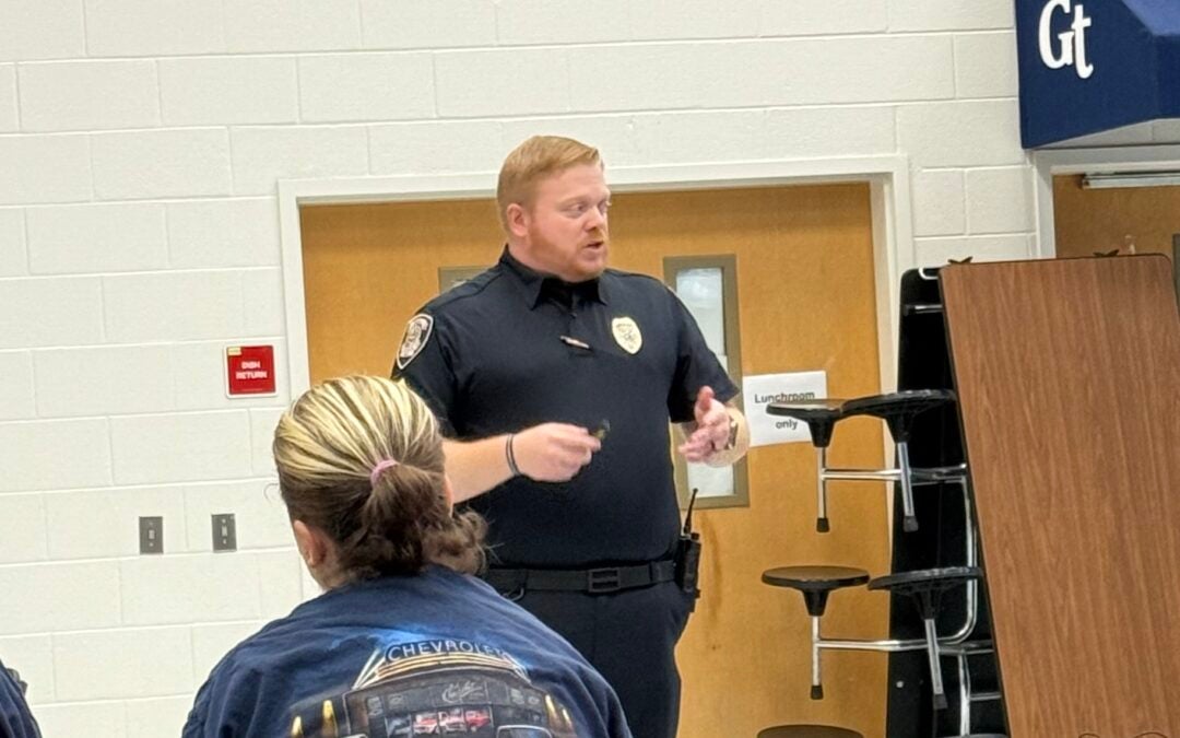 Sgt. Lee Peck speaks during the Columbia County School District’s “Let’s Talk” forum at Grovetown Middle School on Monday. Photo by Drew Wall