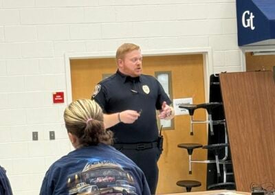 Sgt. Lee Peck speaks during the Columbia County School District’s “Let’s Talk” forum at Grovetown Middle School on Monday. Photo by Drew Wall