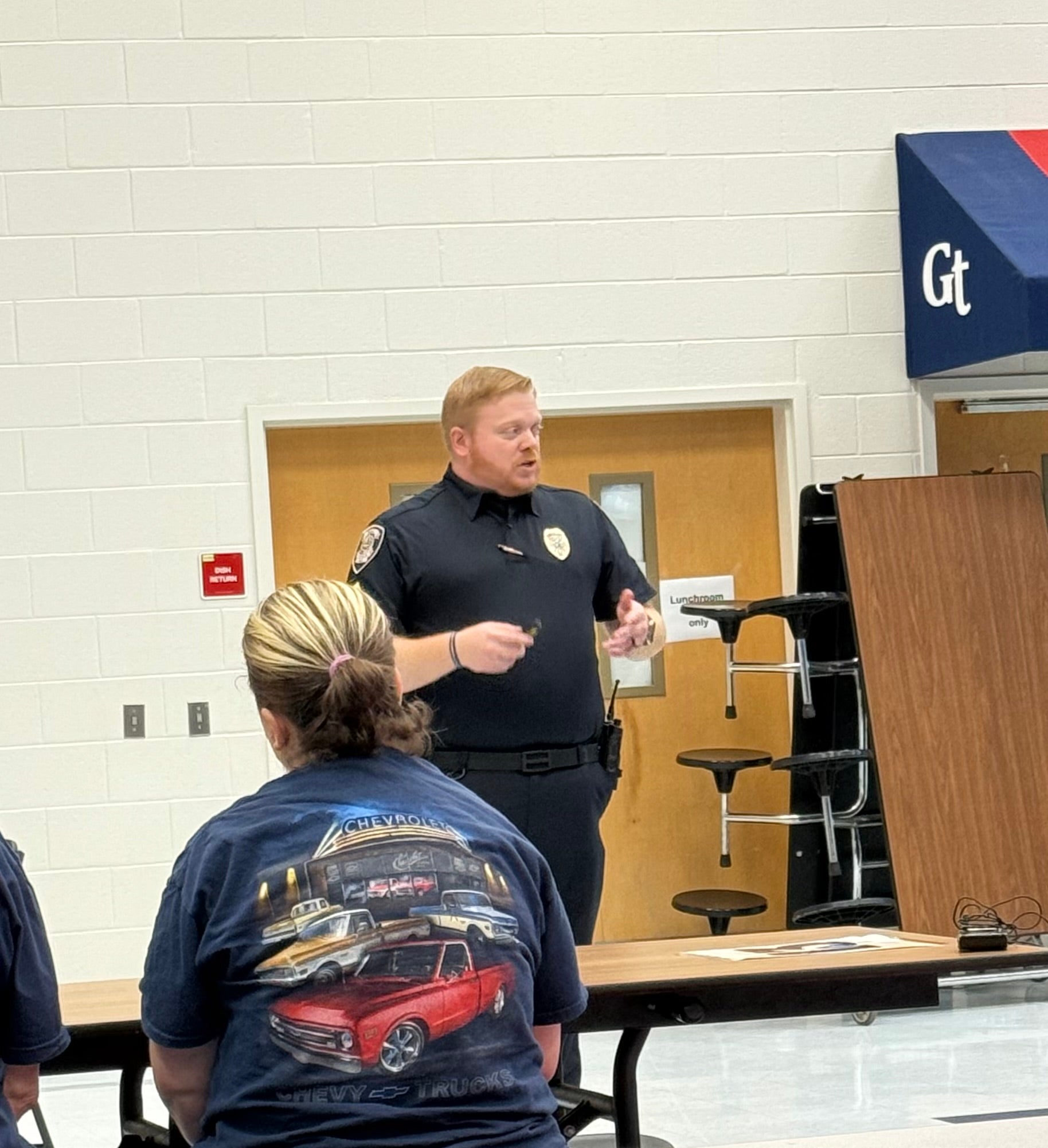 Sgt. Lee Peck speaks during the Columbia County School District’s “Let’s Talk” forum at Grovetown Middle School on Monday. Photo by Drew Wall