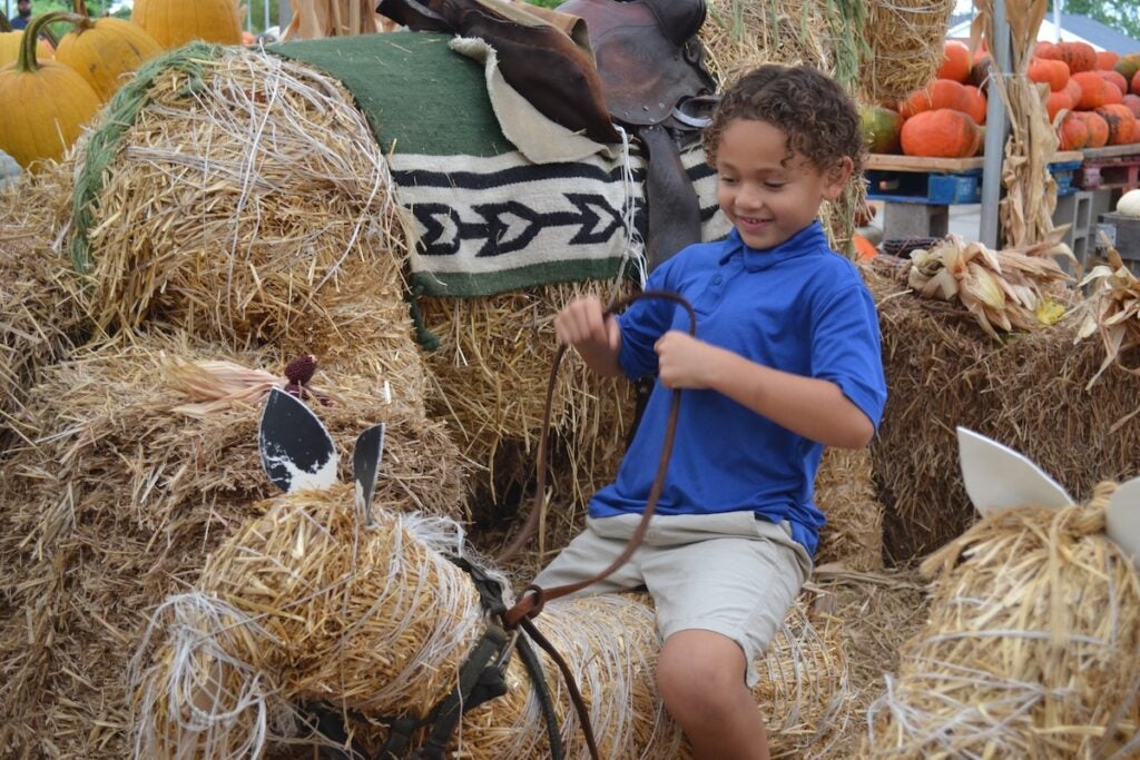 Jordan Quinones, 5, had fun playing on the hay horse at Good Earth. Staff photo by Stephanie Hill