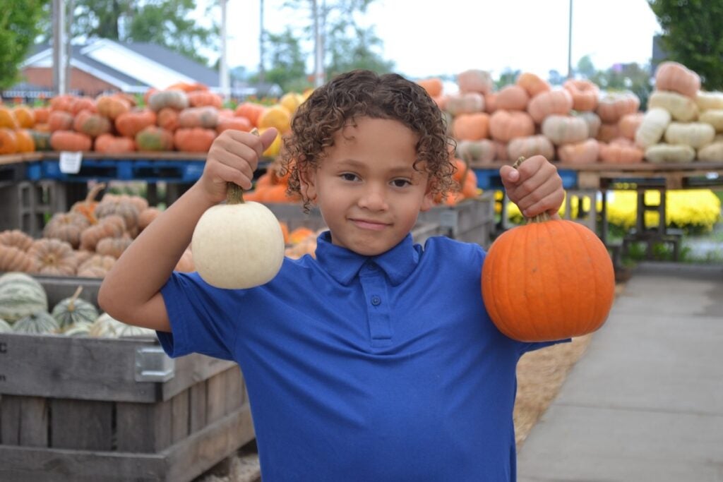 Jordan Quinones, 5, shows off his two pumpkin picks. Staff photo by Stephanie Hill