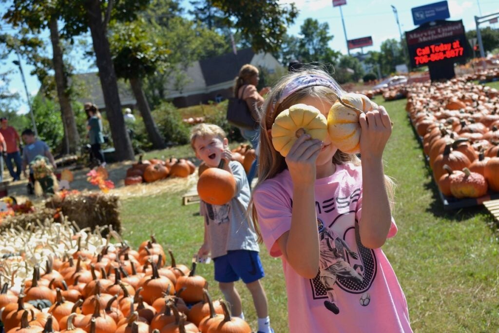 Charlotte and James Watson has fun looking at all the pumpkins at Marvin United Methodist Church.
