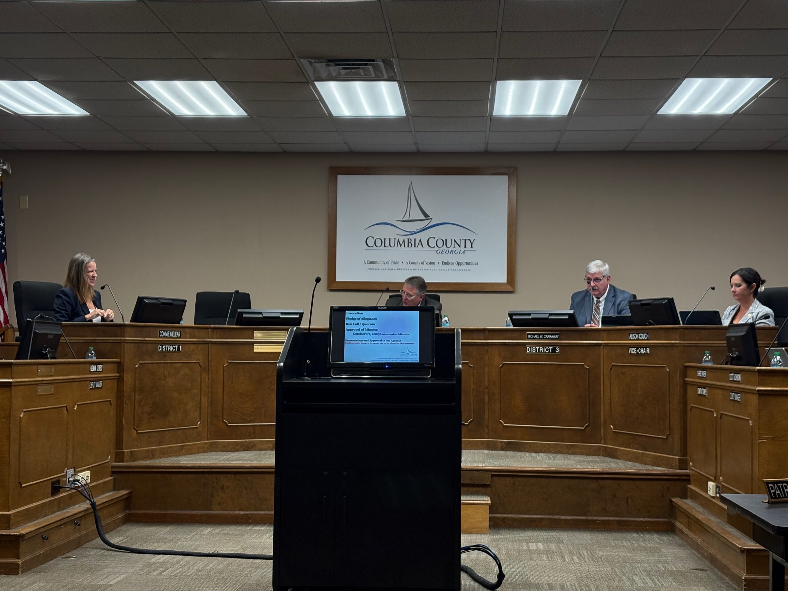 Columbia County Board of Commissioners The Columbia County Board of Commissioners issued a statement regarding the proposed data center in Appling during the meeting on Tuesday, Oct. 21. Staff photo by Stephanie Hill