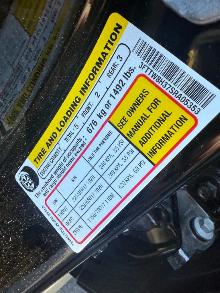 Tire pressures can be found on the driver door jamb area or in the owner’s manual.