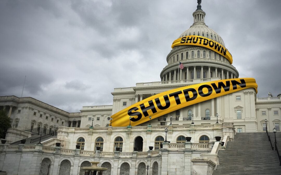 USA shutdown and United States government closed and american federal shut down due to spending bill disagreement between the left and the right pas a national finance symbol with yellow hazard tape in a 3D illustration style.