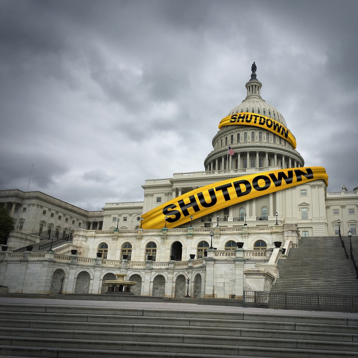 USA shutdown and United States government closed and american federal shut down due to spending bill disagreement between the left and the right pas a national finance symbol with yellow hazard tape in a 3D illustration style.