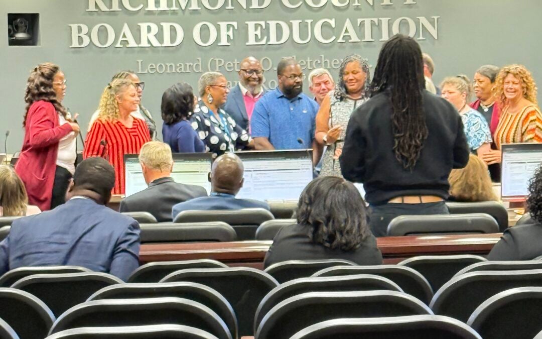 Richmond County Board of Education members recognize Textron Specialized Vehicles for a decade-long partnership with the district’s Reaching Potential Through Manufacturing program during Tuesday’s meeting. Photo by Drew Wall