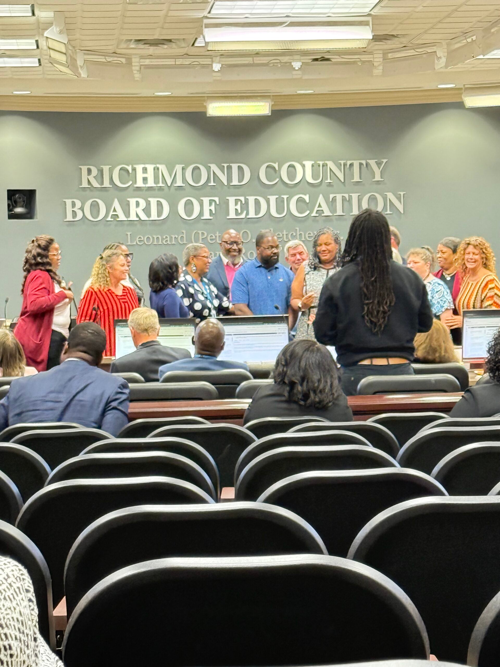 textron recognition Richmond County Board of Education members recognize Textron Specialized Vehicles for a decade-long partnership with the district’s Reaching Potential Through Manufacturing program during Tuesday’s meeting. Photo by Drew Wall