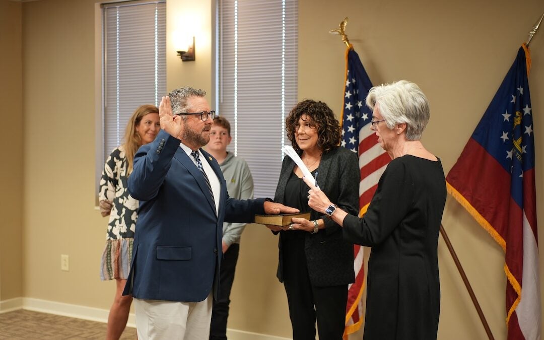 Probate Court Judge Alice Padgett administered the oath of office to newly elected Columbia County District 2 Commissioner Jim Steed on Nov. 17. Photo courtesy Columbia County