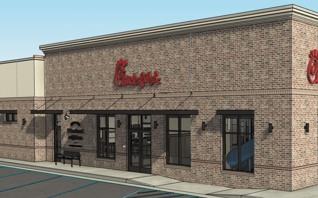 A perspective view of the proposed Chick-fil-A in Riverwood.