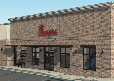A perspective view of the proposed Chick-fil-A in Riverwood.