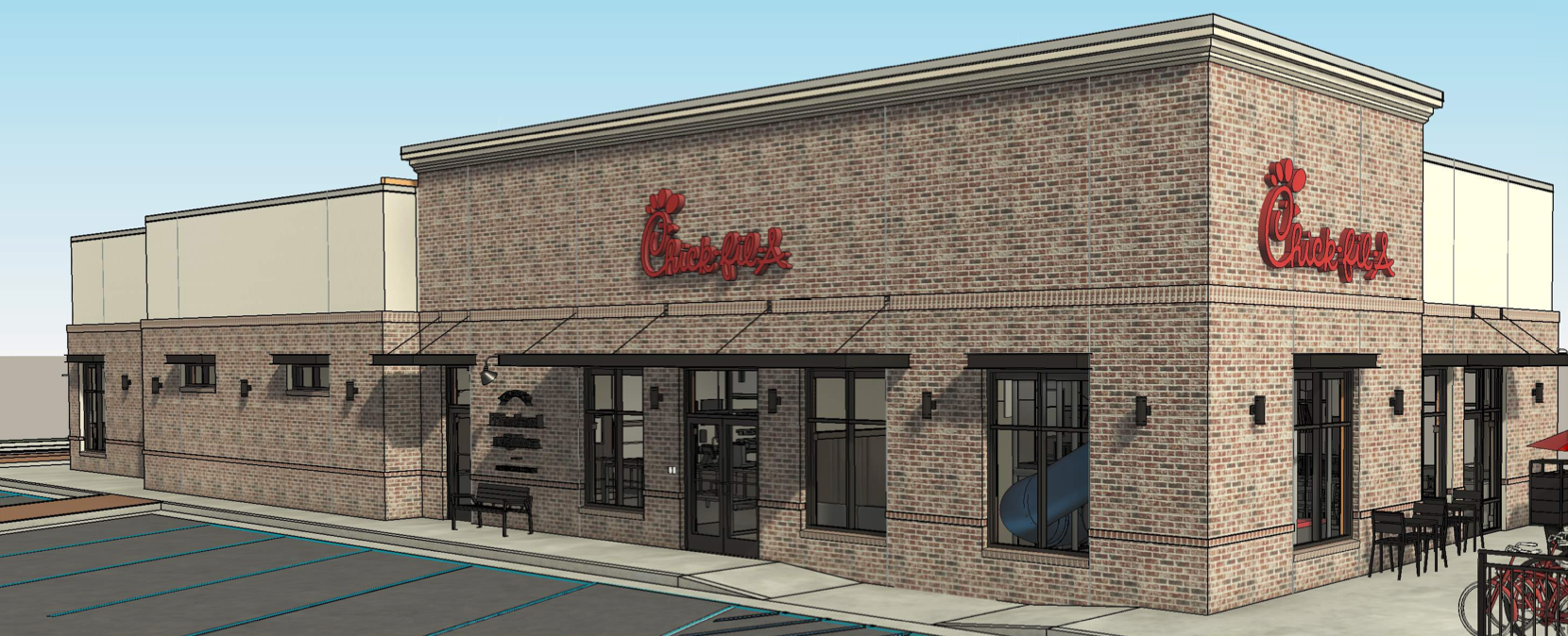 A perspective view of the proposed Chick-fil-A in Riverwood.