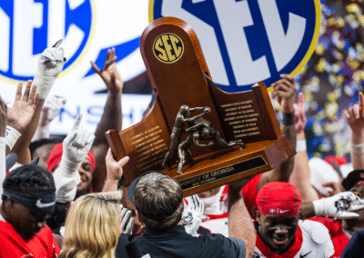 Georgia players celebrate after the Bulldogs defeated Alabama 28-7 in the SEC Football Championship game at the Mercedes-Benz Stadium in Atlanta, Ga., on Saturday, December 6, 2025. (photo by Rob Davis)