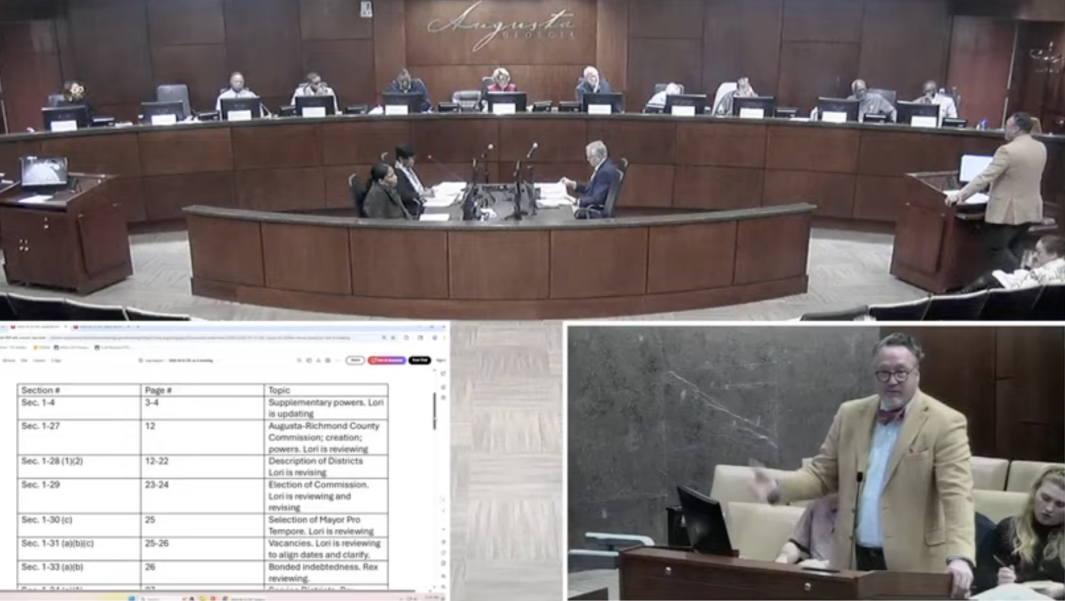 Rex Facer with the Carl Vinson Institute of Government goes over sections of the Augusta charter under review for the city's Charter Review Committee Thursday.