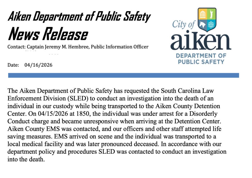 Aiken suspect dies in police custody after disorderly conduct arrest ...